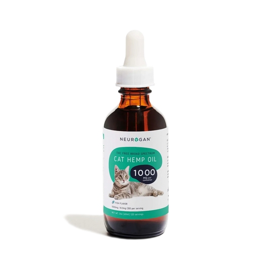 Neurogan Cat Hemp Oil 1000mg in an amber dropper bottle, 2oz (60ml), THC-free broad-spectrum fish-flavored formula for cats.
