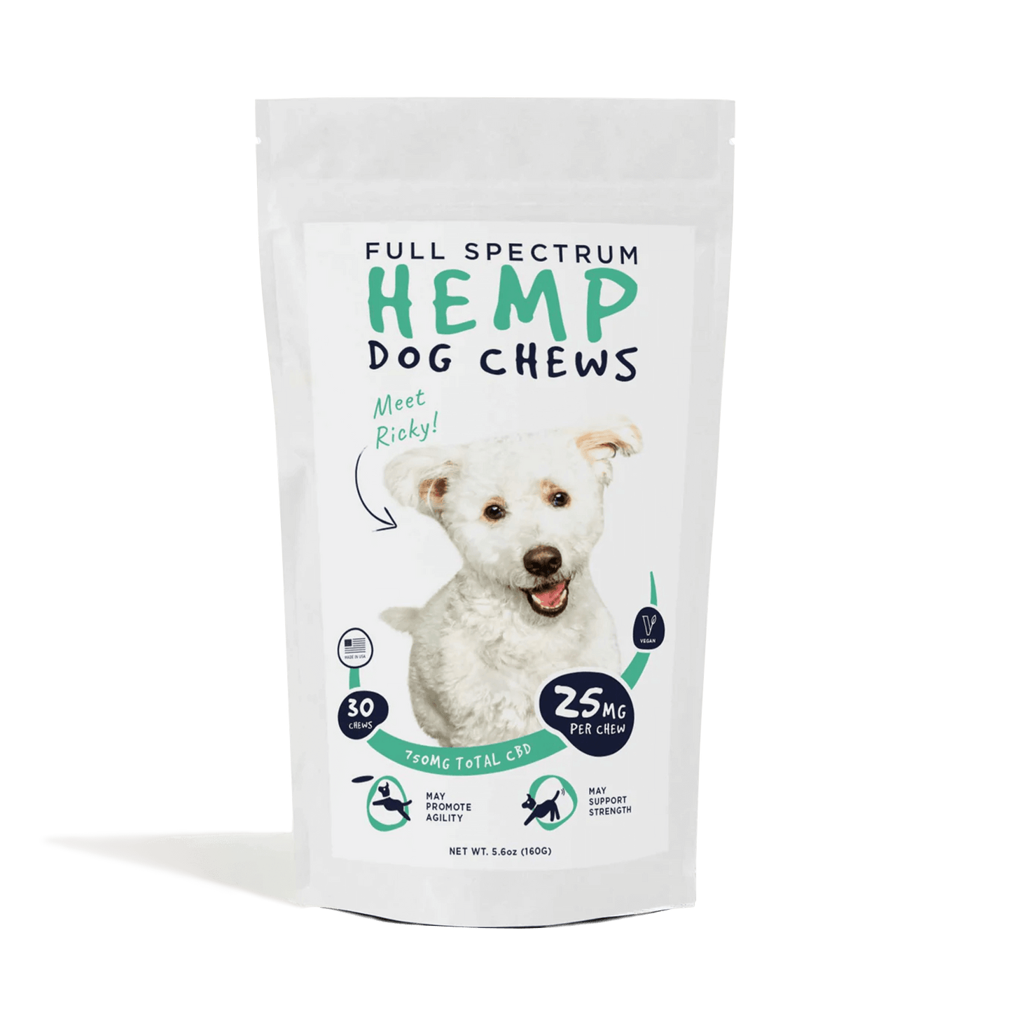 Neurogan Full Spectrum Hemp Dog Chews, 750mg total, 25mg per chew, 30-count, in a resealable white pouch.