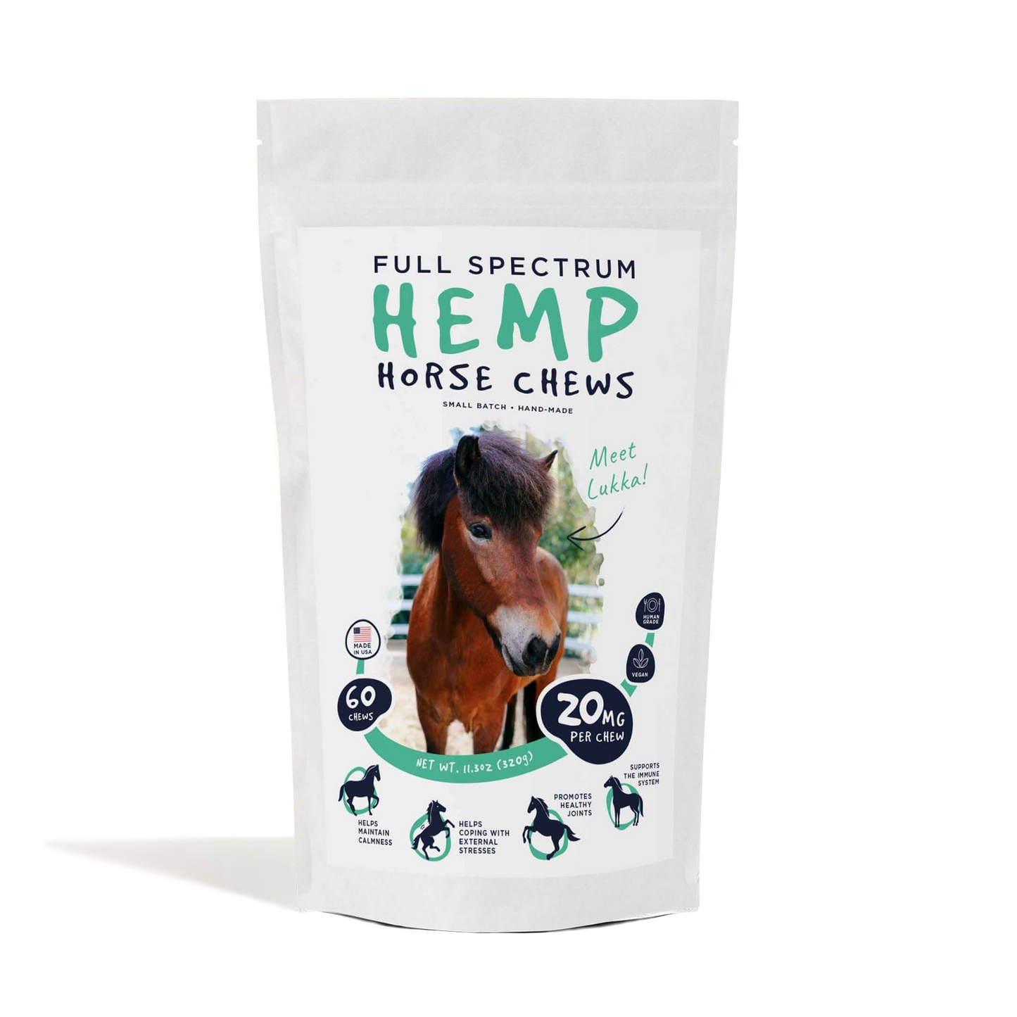 Neurogan Full Spectrum Hemp Horse Chews, 60-count, 20mg per chew, in a resealable white pouch.