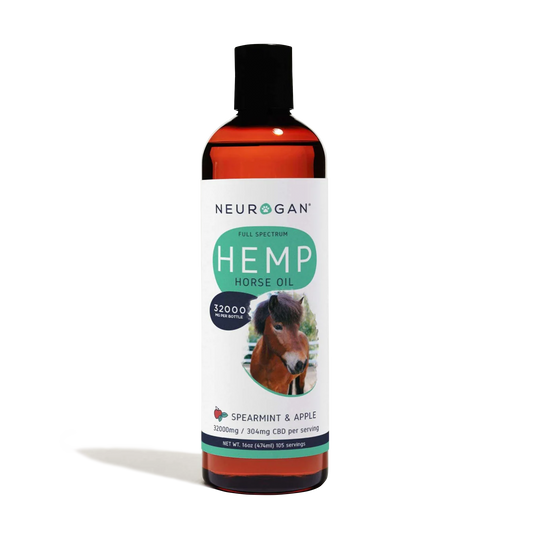 Neurogan Hemp Horse Oil 32000mg in a 16oz amber bottle, spearmint & apple flavor, with a black cap and a horse label.
