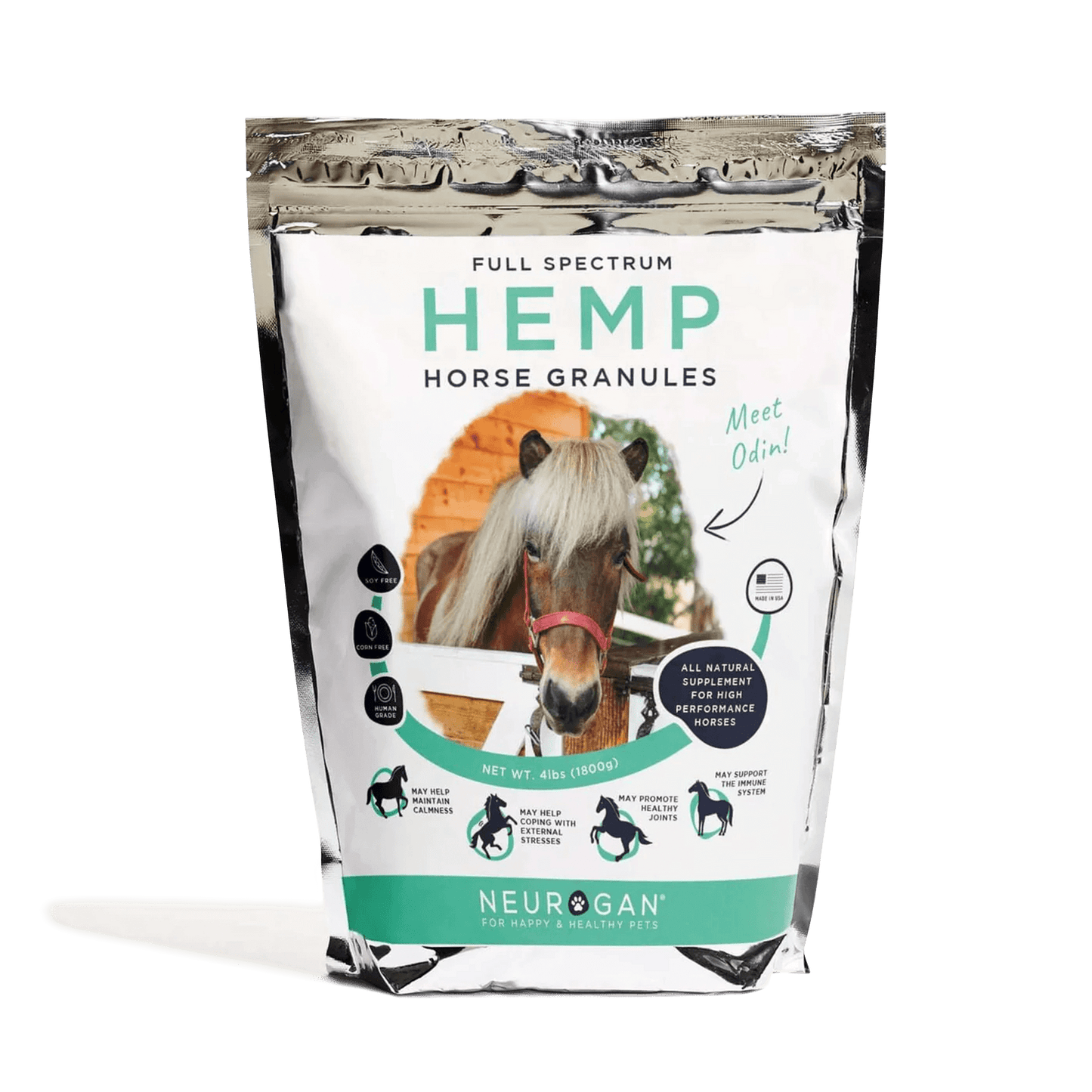 Neurogan Full Spectrum Hemp Horse Granules, 4lb bag, in a resealable silver pouch with a horse image on the label.