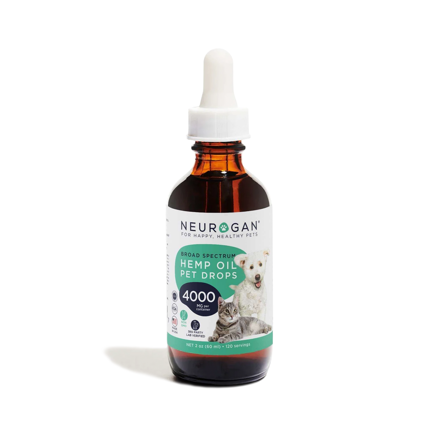 Neurogan Hemp Oil Pet Drops in a white-labeled amber bottle, 4000 mg total, 66 mg per serving, 120 servings, 2 oz.