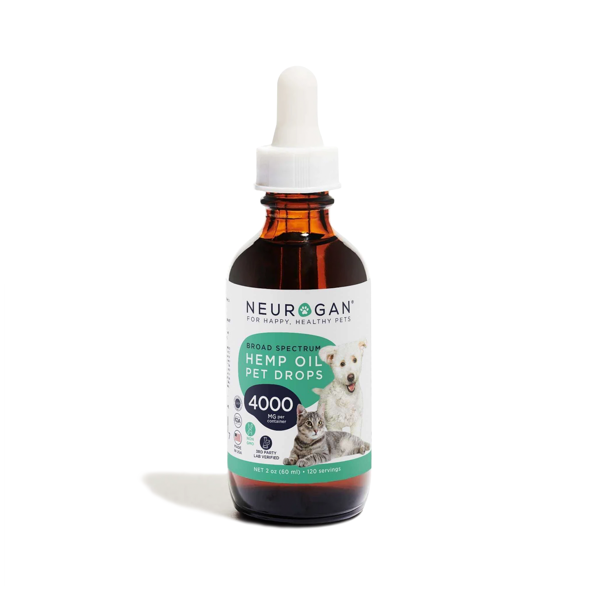 Neurogan Hemp Oil Pet Drops in a white-labeled amber bottle, 4000 mg total, 66 mg per serving, 120 servings, 2 oz.