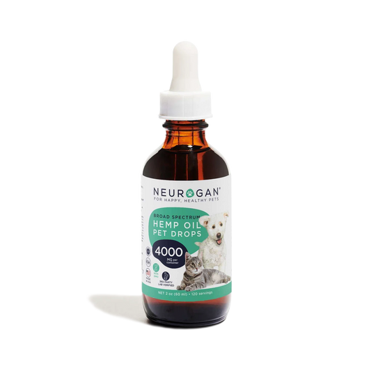 Neurogan Hemp Oil Pet Drops in a white-labeled amber bottle, 4000 mg total, 66 mg per serving, 120 servings, 2 oz.