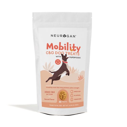 Neurogan Mobility CBG Dog Treats, 750mg total, 25mg per treat, 30-count, in a resealable white pouch.