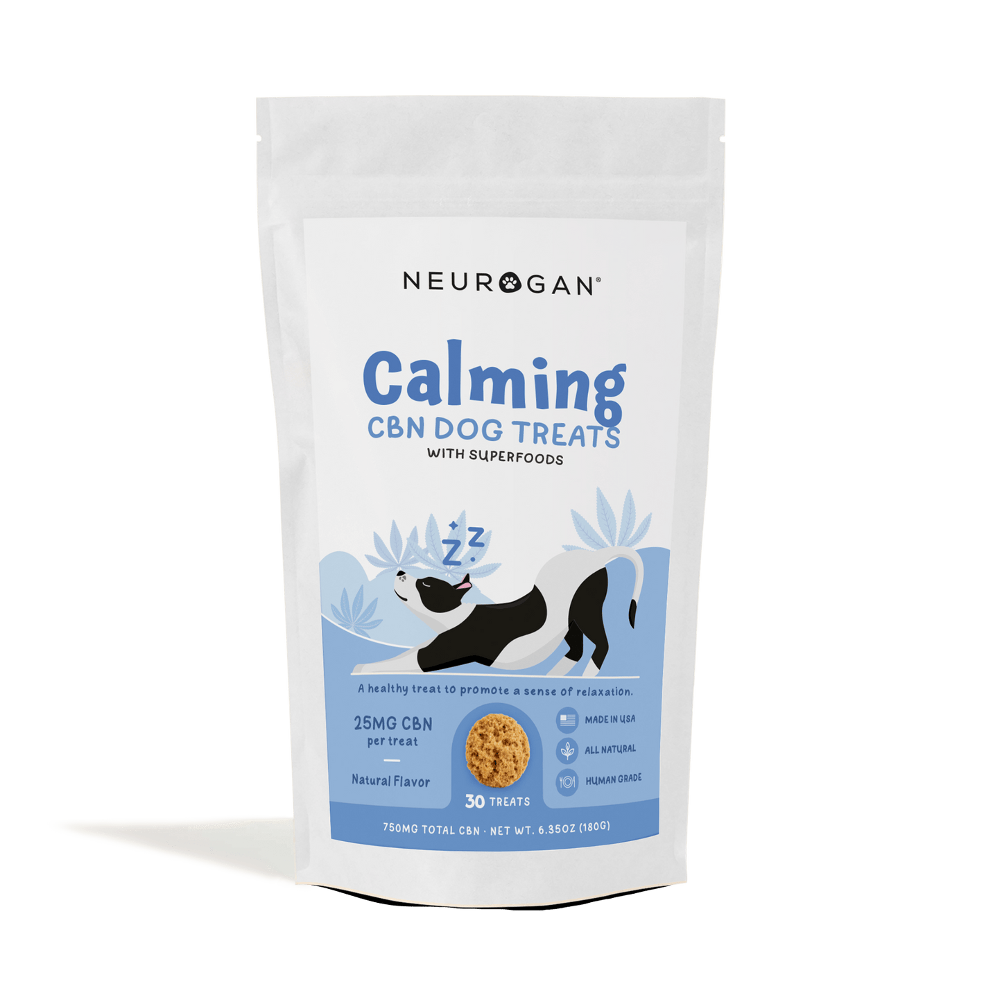 Neurogan Calming CBN Dog Treats, 750mg total, 25mg per treat, 30-count, in a resealable white pouch.