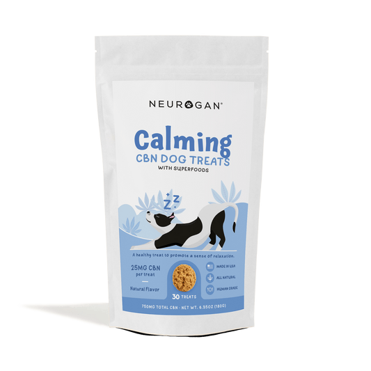 Neurogan Calming CBN Dog Treats, 750mg total, 25mg per treat, 30-count, in a resealable white pouch.