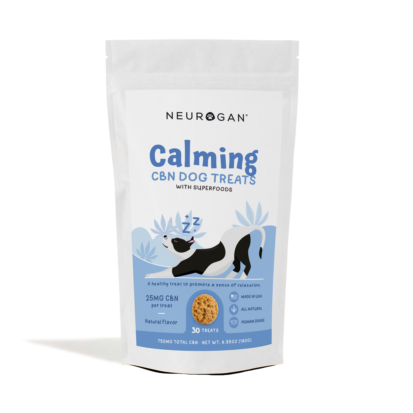 Neurogan Calming CBN Dog Treats, 750mg total, 25mg per treat, 30-count, in a resealable white pouch.