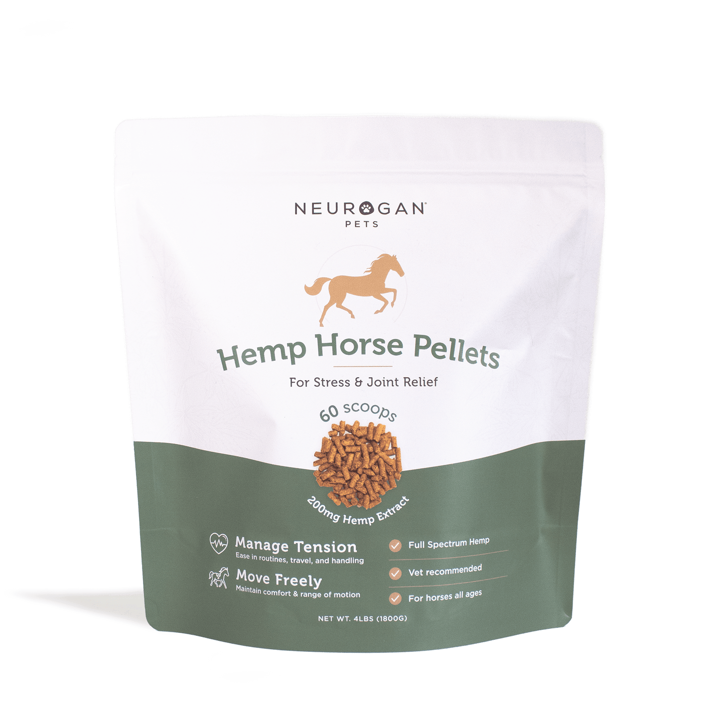 Neurogan Full Spectrum Hemp Horse Granules, 4lb bag, in a resealable white bag with a horse image on the label.