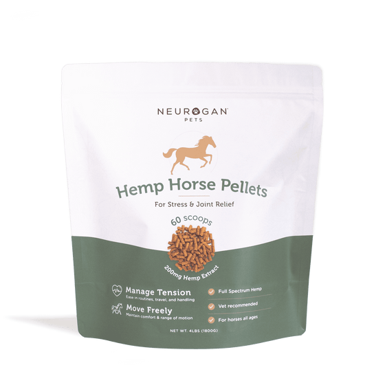 Neurogan Full Spectrum Hemp Horse Granules, 4lb bag, in a resealable white bag with a horse image on the label.