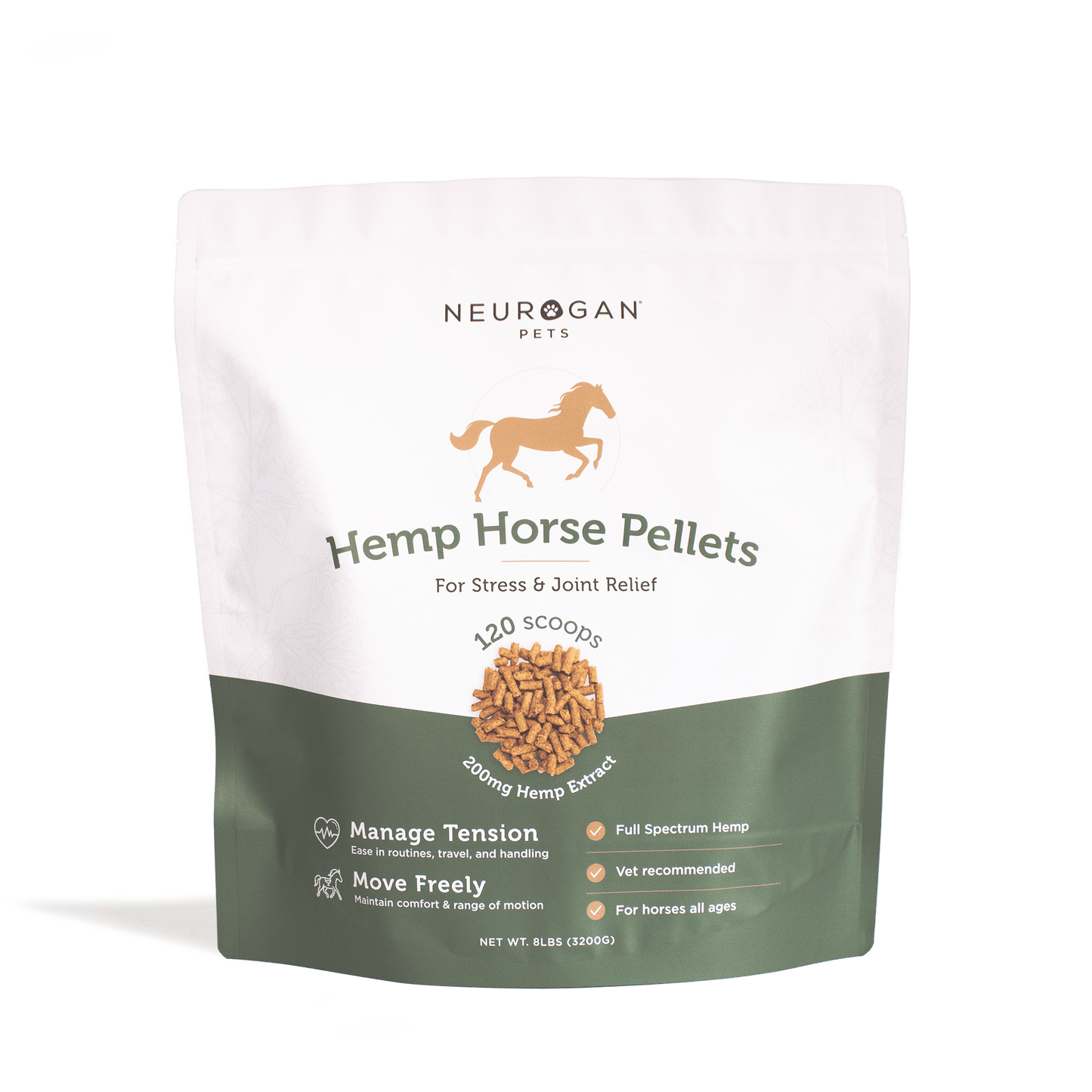 Neurogan Full Spectrum Hemp Horse Granules, 8lb bag, in a resealable white bag with a horse image on the label.