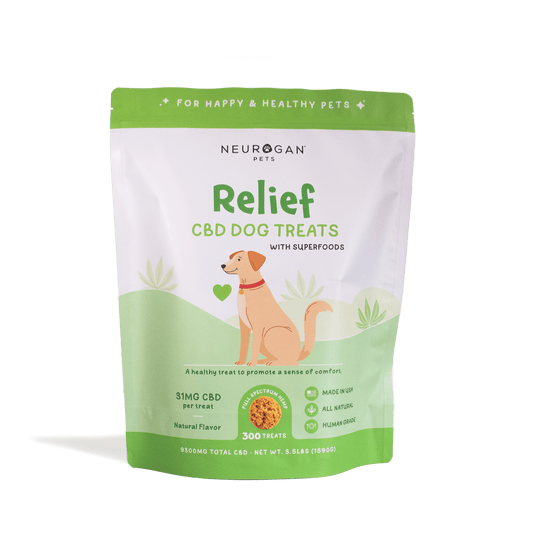 Neurogan Full Spectrum CBD Dog Treats in a white and green pouch, 31 mg per chew, 300 treats, 8.5 lbs (1590 g) 9300mg total.