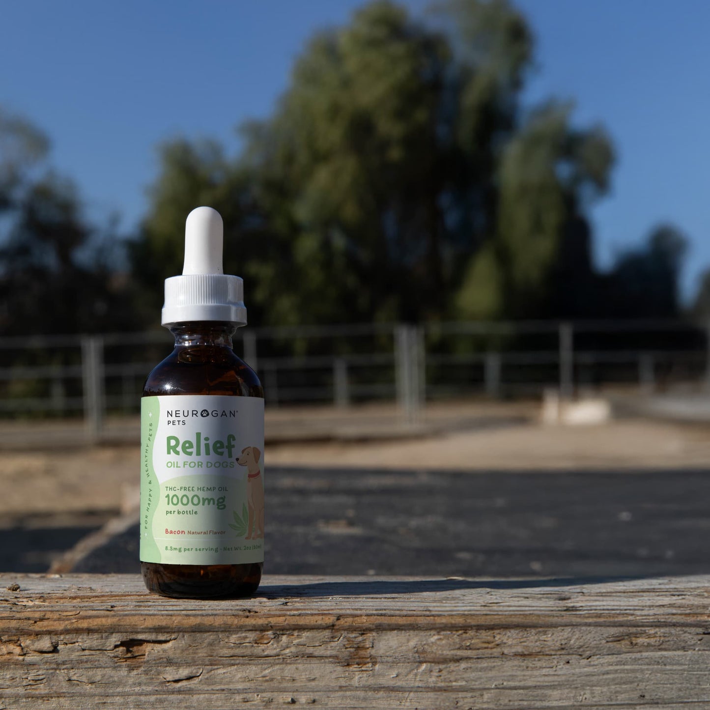 Bacon Flavor CBD Dog Oil bottle on wooden plank, barn setting