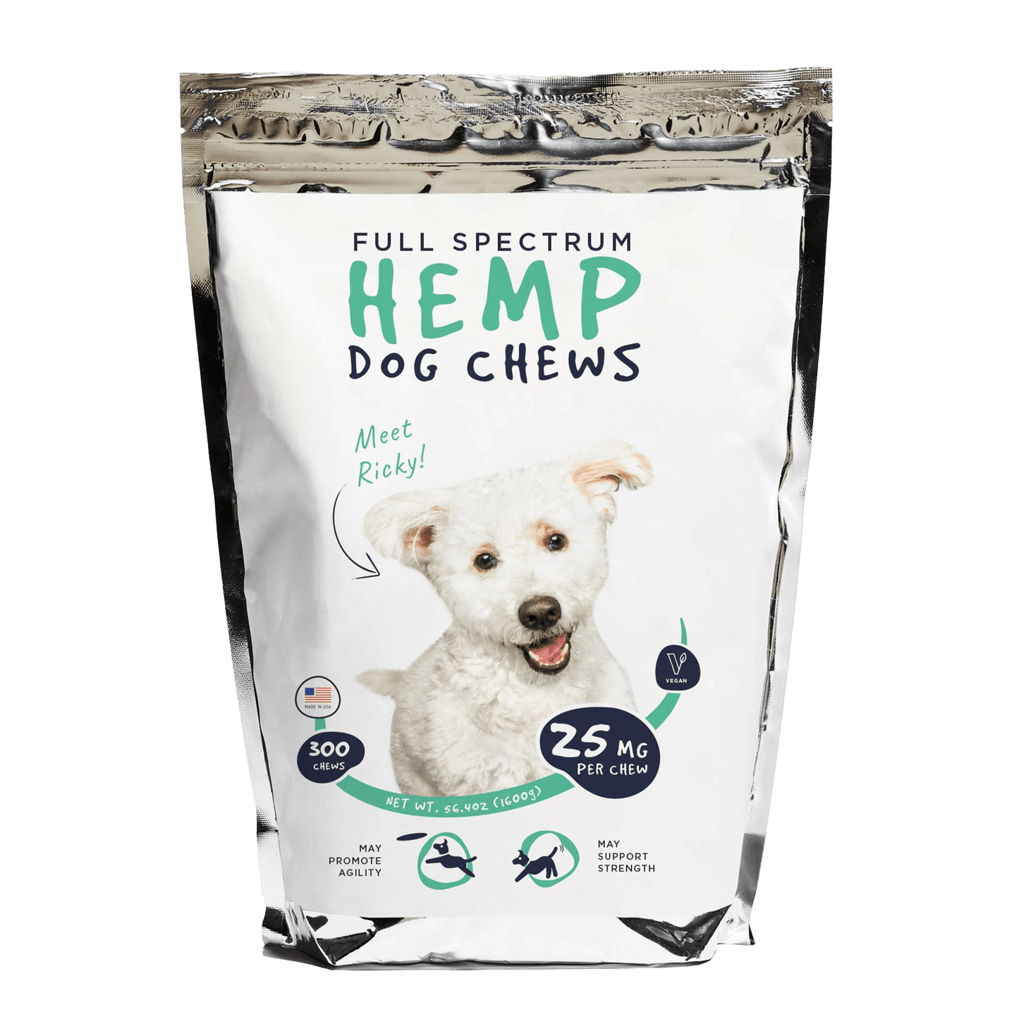 Neurogan Full Spectrum Hemp Dog Chews in a white and silver pouch, 25 mg per chew, 300 chews, 5.6 oz (160 g) total.