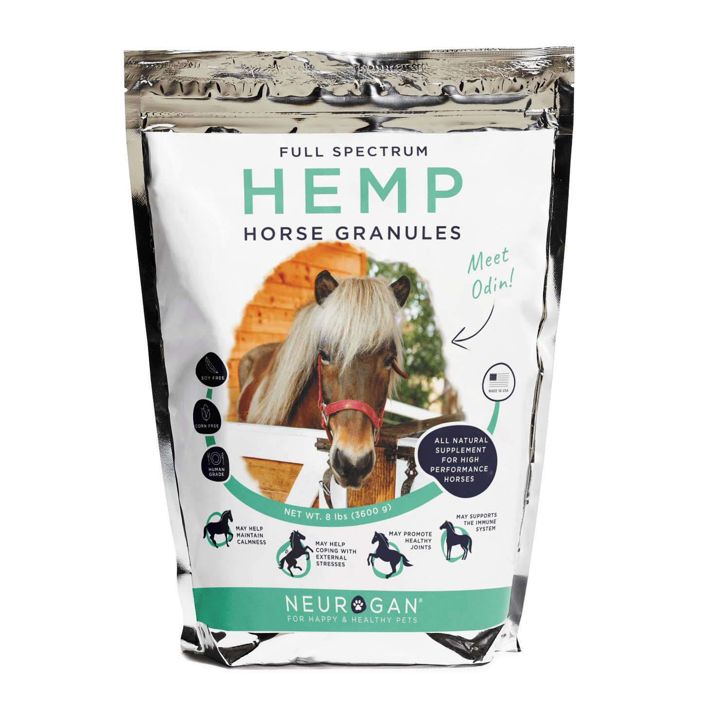Neurogan Full Spectrum Hemp Horse Granules, 8lb bag, in a resealable silver pouch with a horse image on the label.