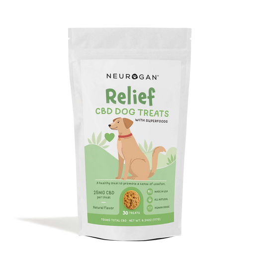 Neurogan Relief CBD Dog Treats, 750mg total, 25mg per treat, 30-count, in a resealable white pouch with a green label.