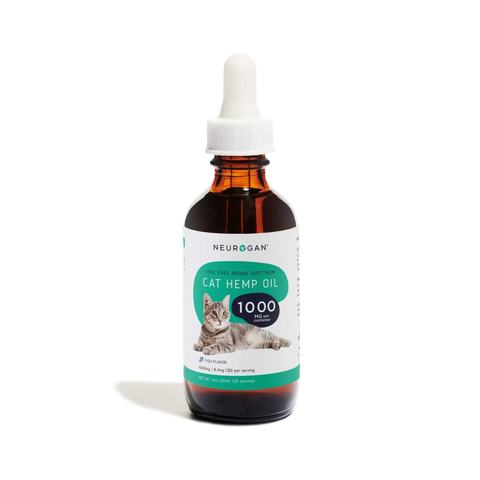 Neurogan Cat Hemp Oil 1000mg in an amber dropper bottle, 2oz (60ml), THC-free broad-spectrum fish-flavored formula for cats.