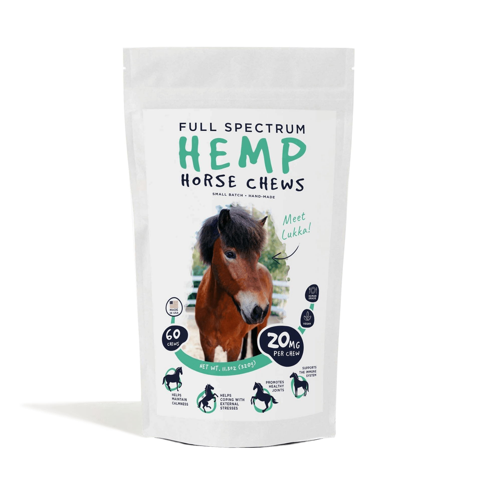 Neurogan Full Spectrum Hemp Horse Chews, 60-count, 20mg per chew, in a resealable white pouch.