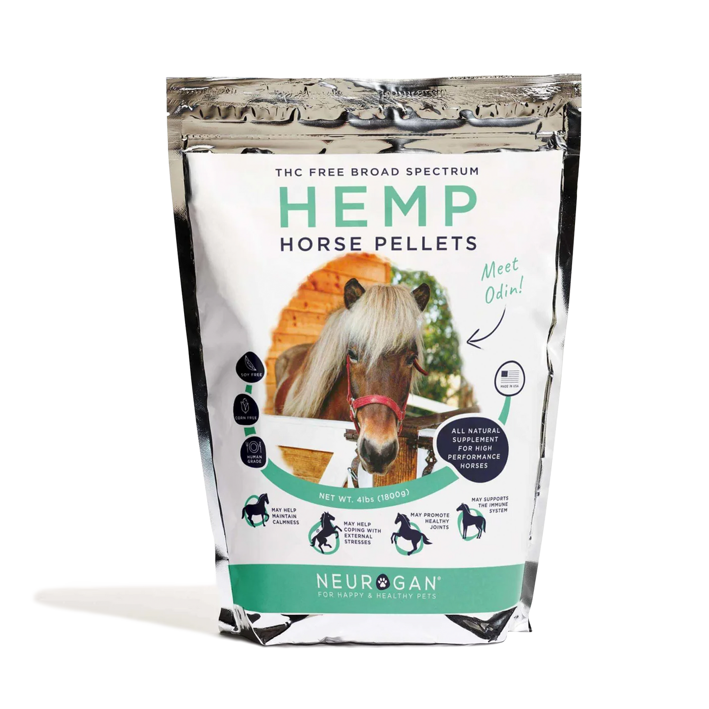 Neurogan Full-Spectrum Hemp Horse Pellets 4000mg in a silver bag, 4lbs (1800g).