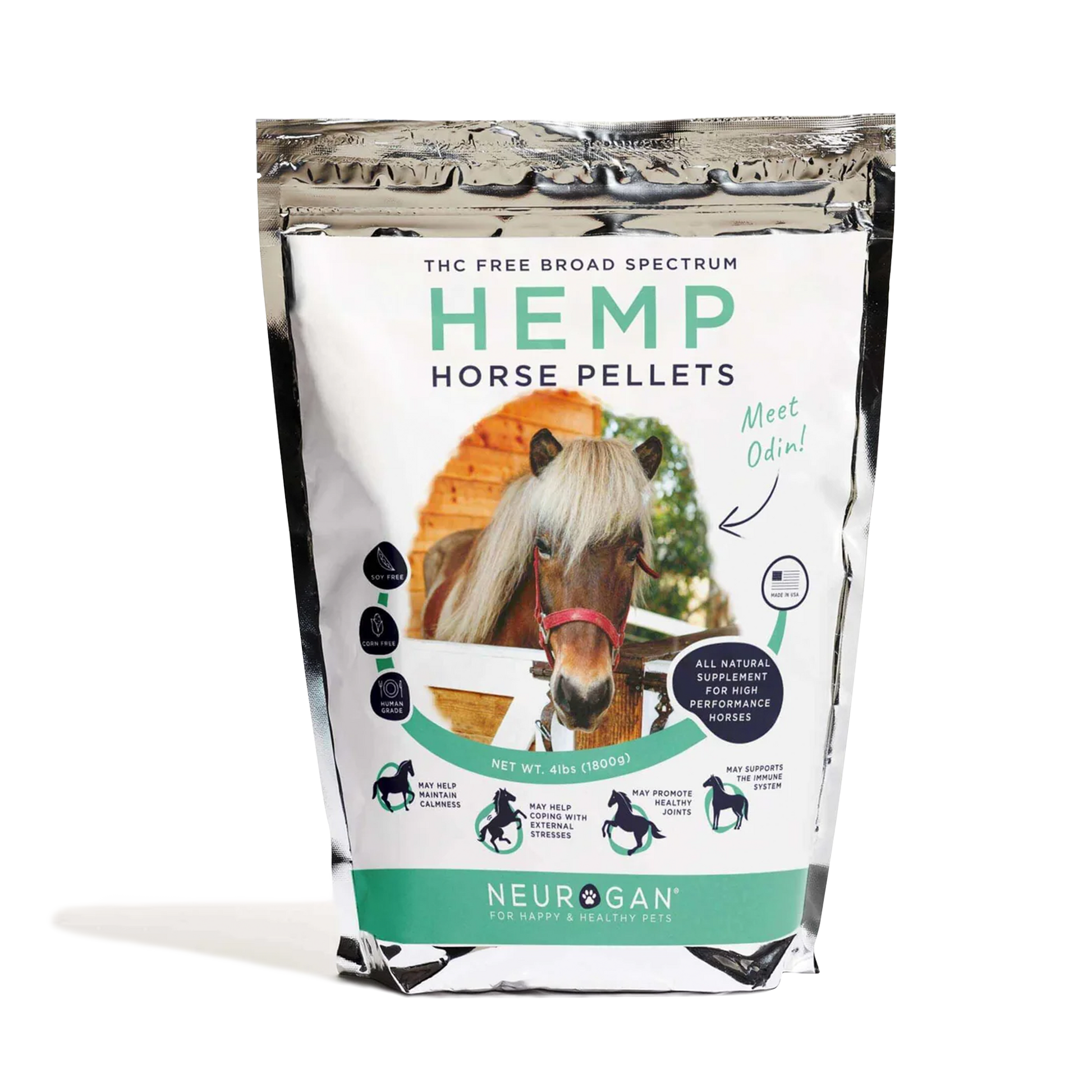 Neurogan Full-Spectrum Hemp Horse Pellets 4000mg in a silver bag, 4lbs (1800g).