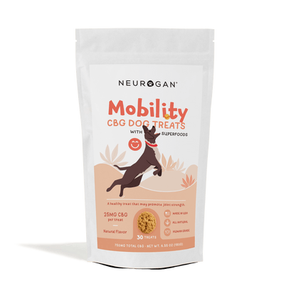 Neurogan Mobility CBG Dog Treats, 750mg total, 25mg per treat, 30-count, in a resealable white pouch.