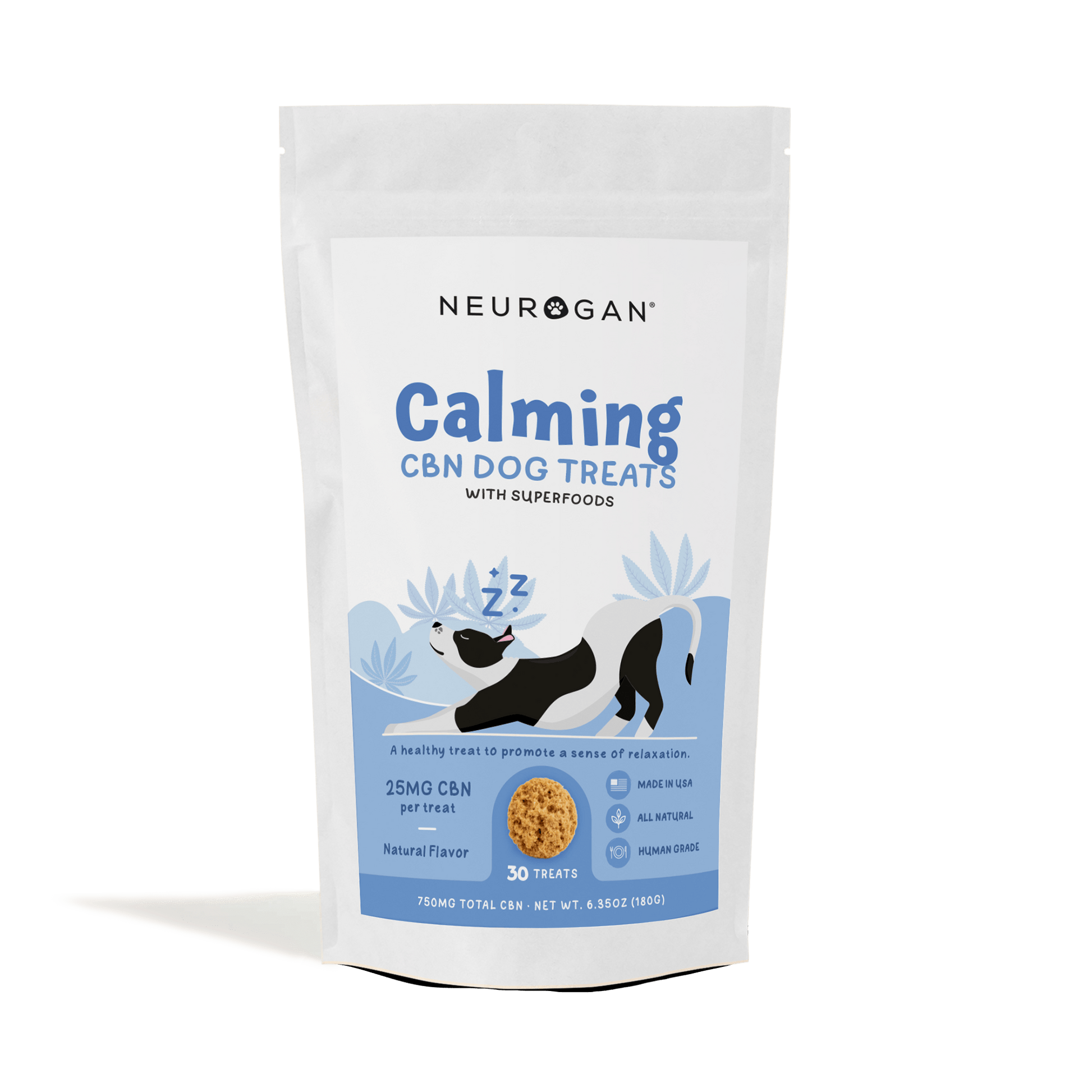 Neurogan Calming CBN Dog Treats, 750mg total, 25mg per treat, 30-count, in a resealable white pouch.