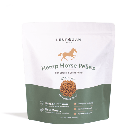 Neurogan Full Spectrum Hemp Horse Granules, 4lb bag, in a resealable white bag with a horse image on the label.