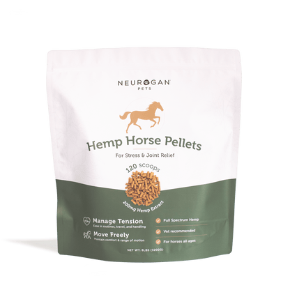 Neurogan Full Spectrum Hemp Horse Granules, 8lb bag, in a resealable white bag with a horse image on the label.