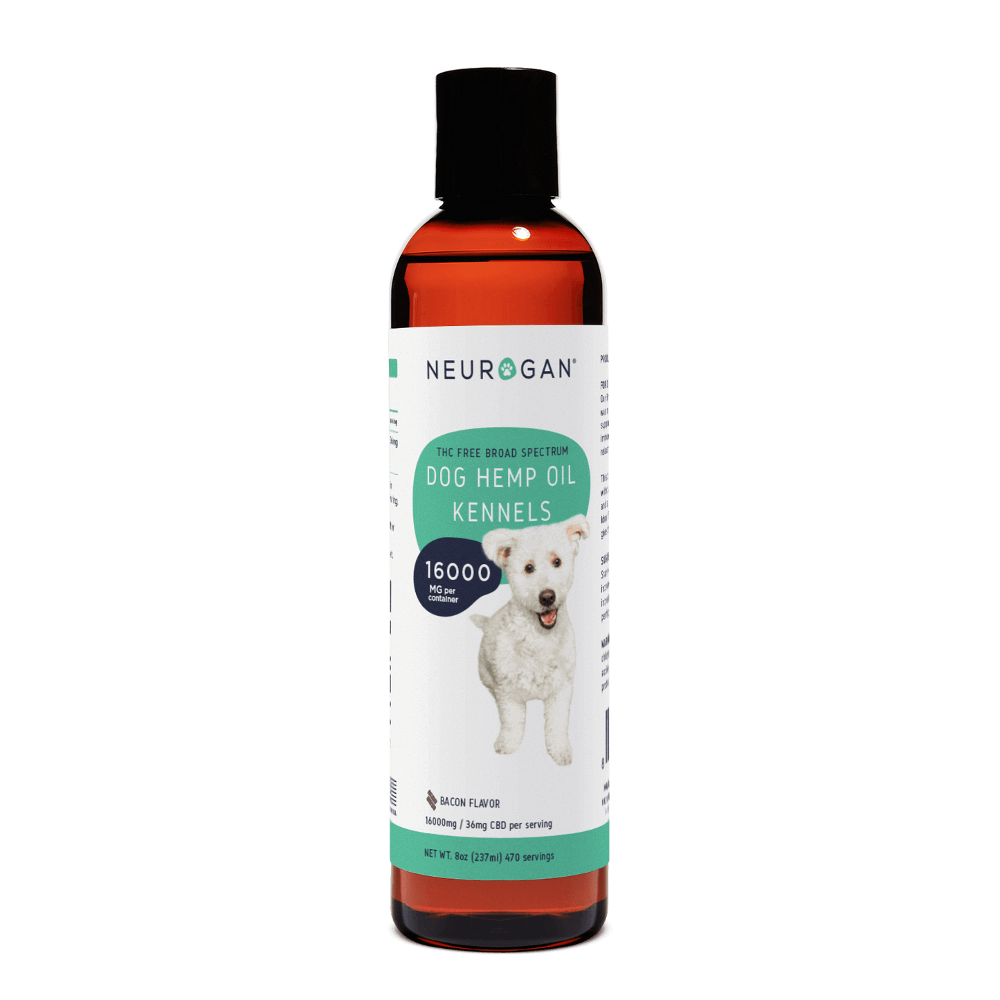 Neurogan Dog Hemp Oil Kennels in a white-labeled amber bottle, 16000 mg total, 35 mg per serving, 470 servings, 8 oz.