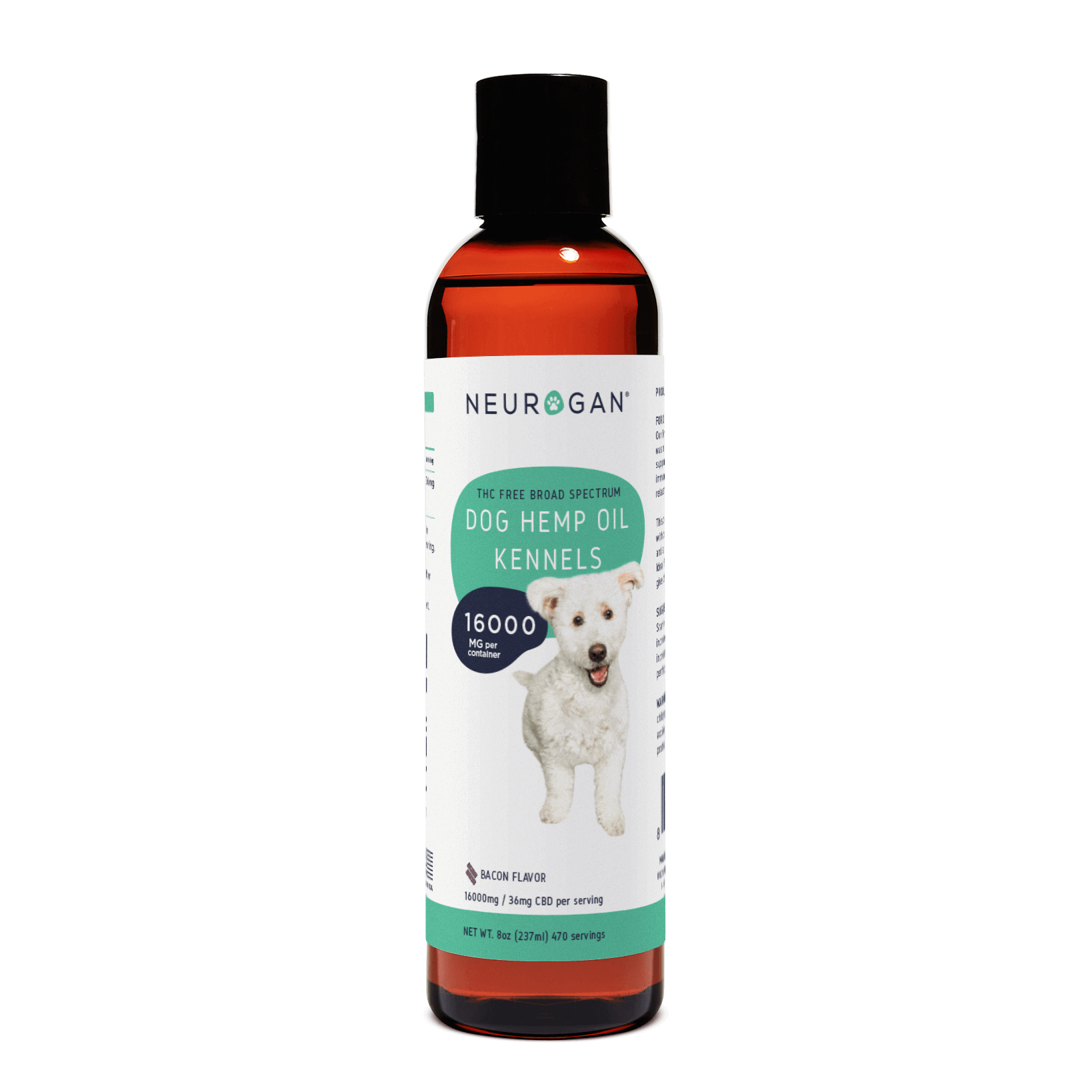 Neurogan Dog Hemp Oil Kennels in a white-labeled amber bottle, 16000 mg total, 35 mg per serving, 470 servings, 8 oz.