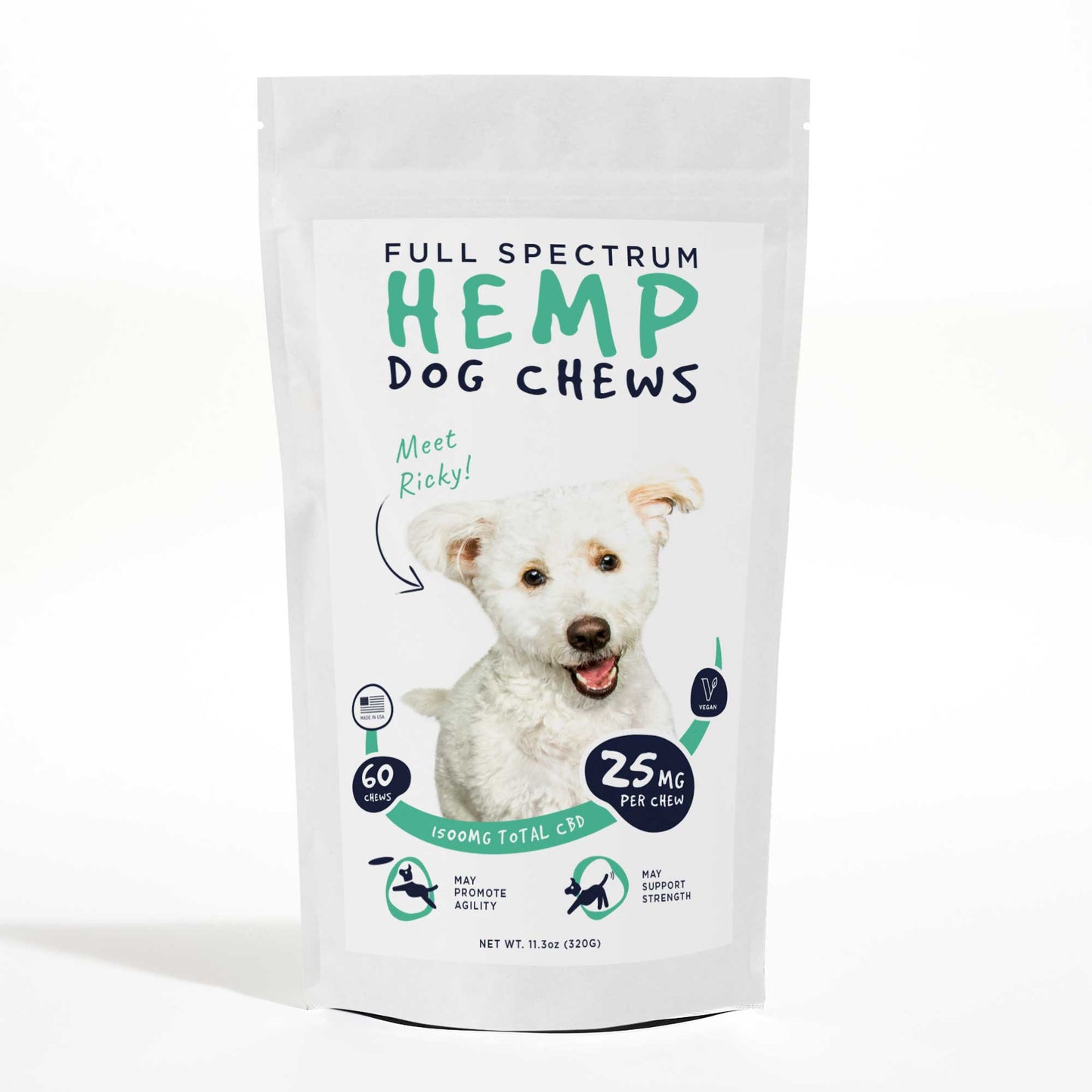 Neurogan Full Spectrum Hemp Dog Chews, 1500mg total, 25mg per chew, 60-count, in a resealable white pouch.