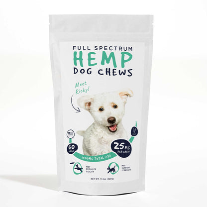 Neurogan Full Spectrum Hemp Dog Chews, 1500mg total, 25mg per chew, 60-count, in a resealable white pouch.