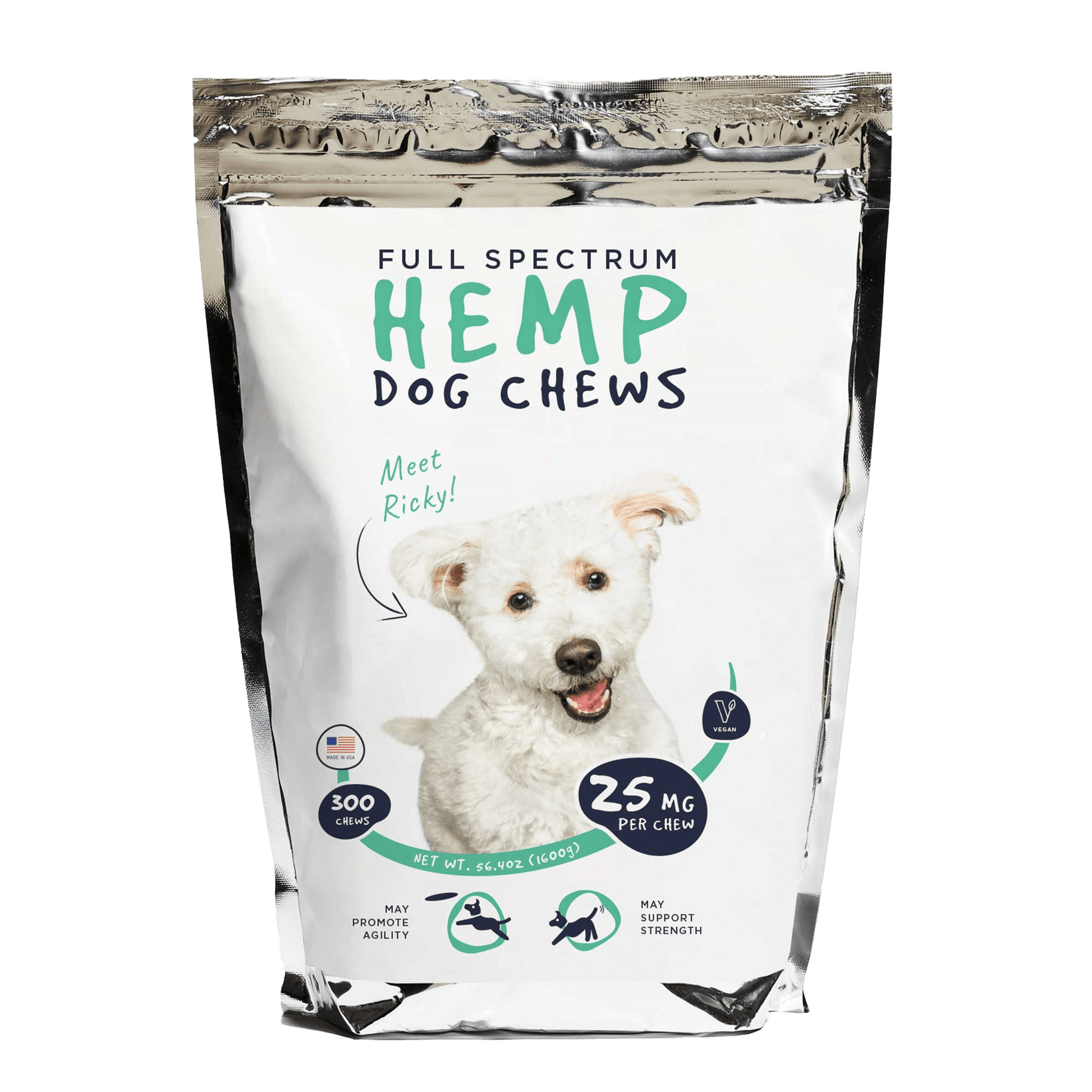 Neurogan Full Spectrum Hemp Dog Chews in a white and silver pouch, 25 mg per chew, 300 chews, 5.6 oz (160 g) total.