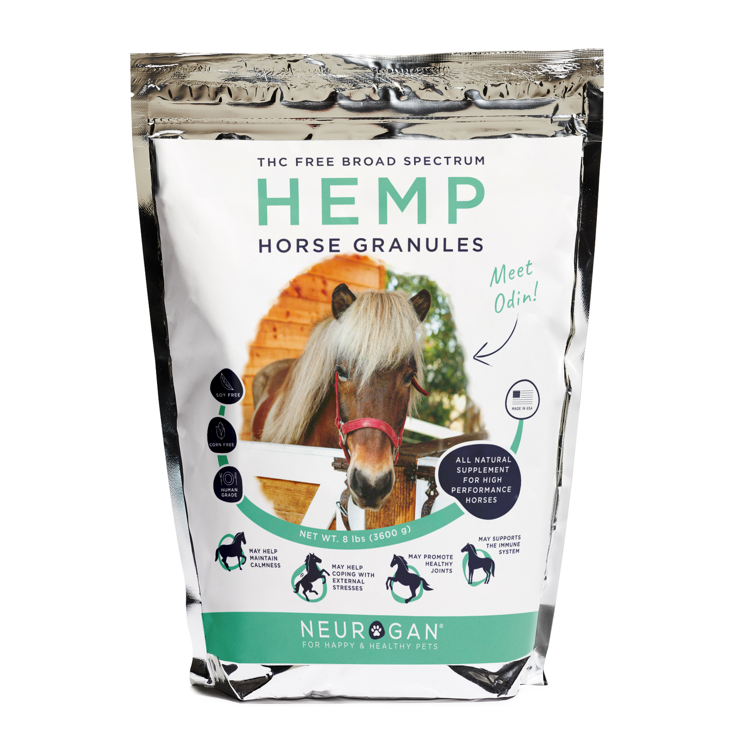 Neurogan Full Spectrum Hemp Horse Granules, 8lb bag, in a resealable silver pouch with a horse image on the label.