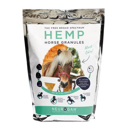 Neurogan Full Spectrum Hemp Horse Granules, 8lb bag, in a resealable silver pouch with a horse image on the label.