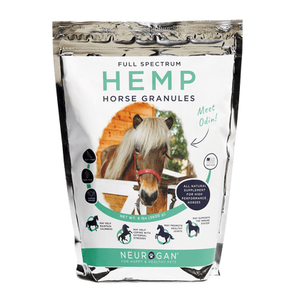 Neurogan Full Spectrum Hemp Horse Granules, 8lb bag, in a resealable silver pouch with a horse image on the label.