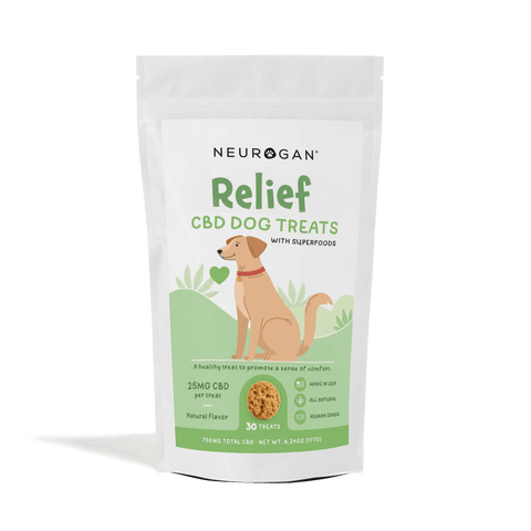 Neurogan Relief CBD Dog Treats, 750mg total, 25mg per treat, 30-count, in a resealable white pouch with a green label.