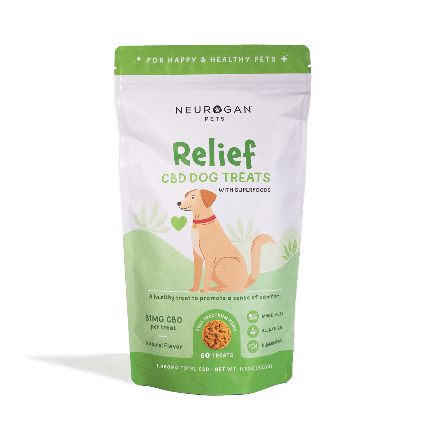 Neurogan Full Spectrum CBD Dog Chews, 1860mg total, 31mg per chew, 60-count, in a resealable white and green pouch.